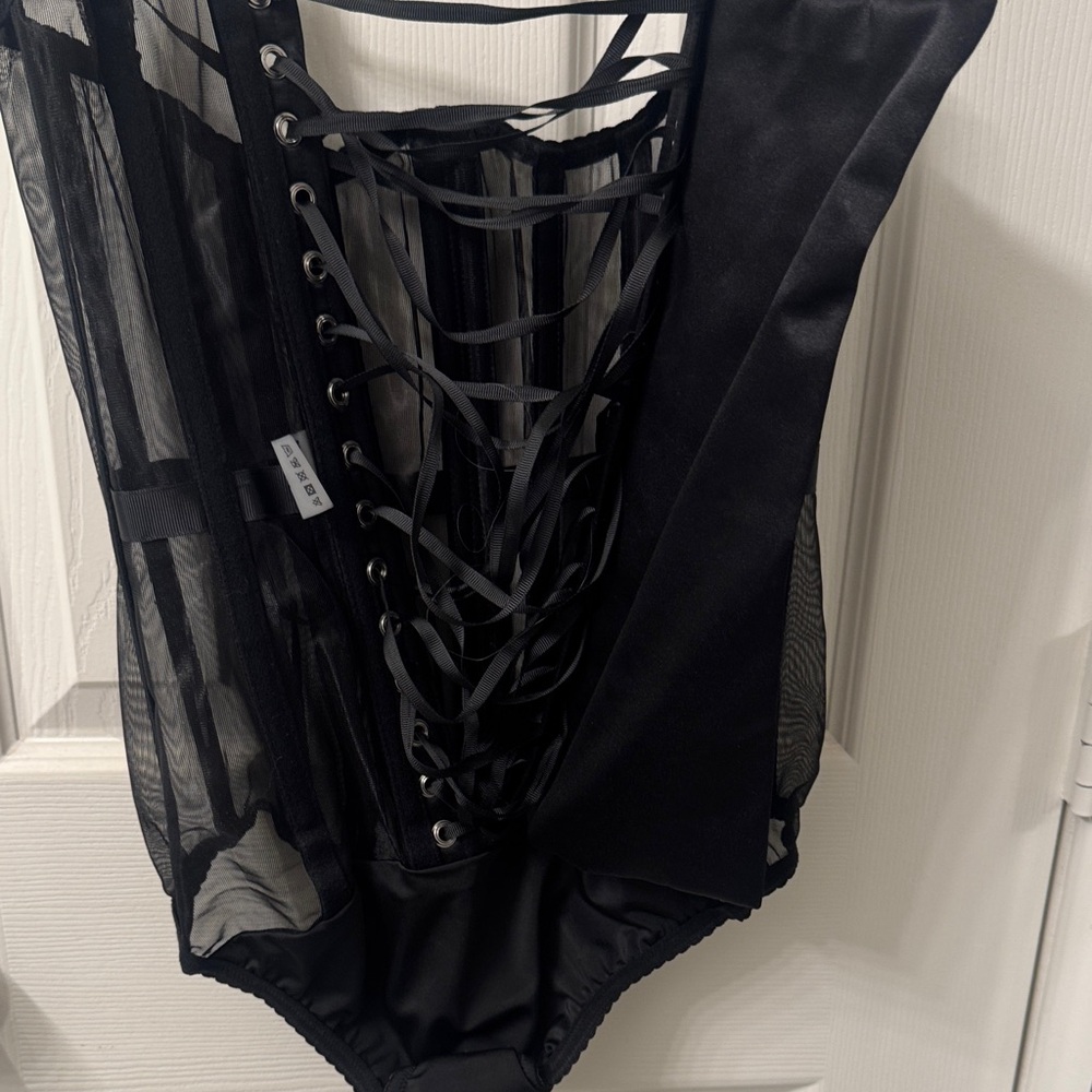 Chic Black Lace-Up Sheer Bodysuit - Picture 2 of 3